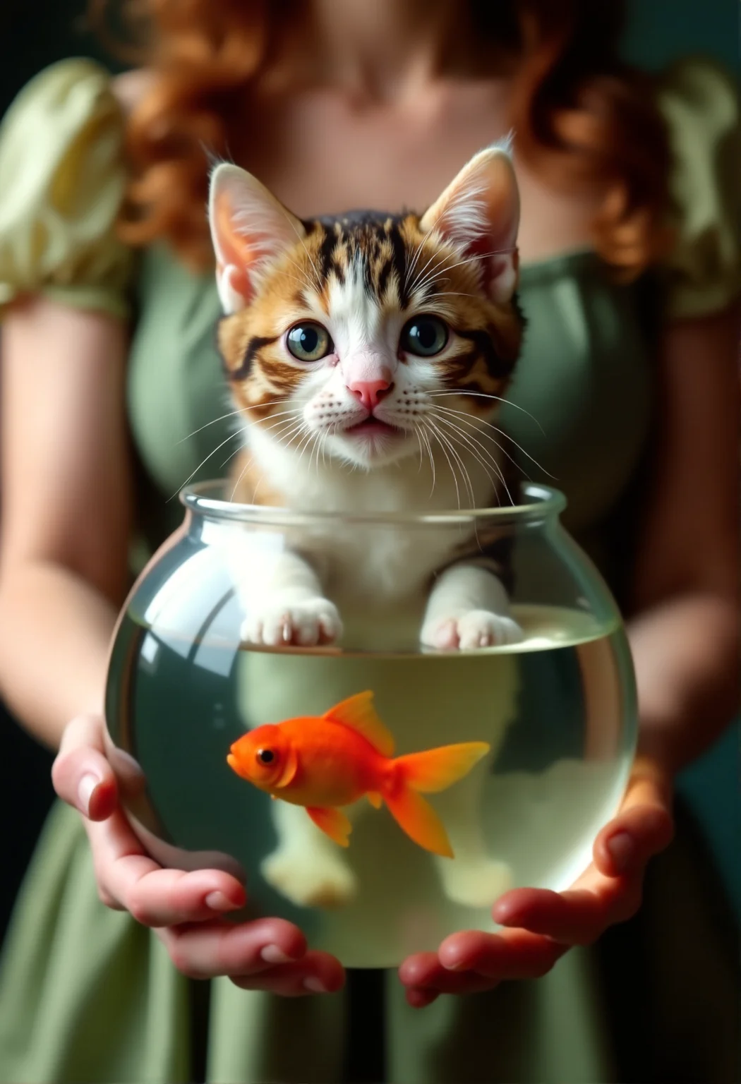 Closeup view of a happy cat in a fish bowl with goldfish being held by a (20yo:0.5) woman in fancy dress, high quality photo, great focused image of a cat