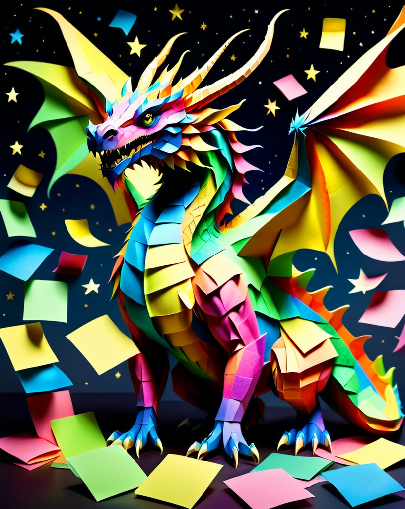 a massive colorful dragon with fine scales made out of Jed-StickyN, dynamic pose, dynamic angle, dark fantasy, epic, intricate details, ultra wide shot, zoomed out, (front view:1.3) with wings spread wide, 
<lora:StickyNotesStyle:1>,  <lora:add-detail-xl:0.7>,  <lora:sd_xl_dpo_lora_v1:1>, <lora:xl_more_art-full_v1:0.3>,  set against a  background of a starry sky,