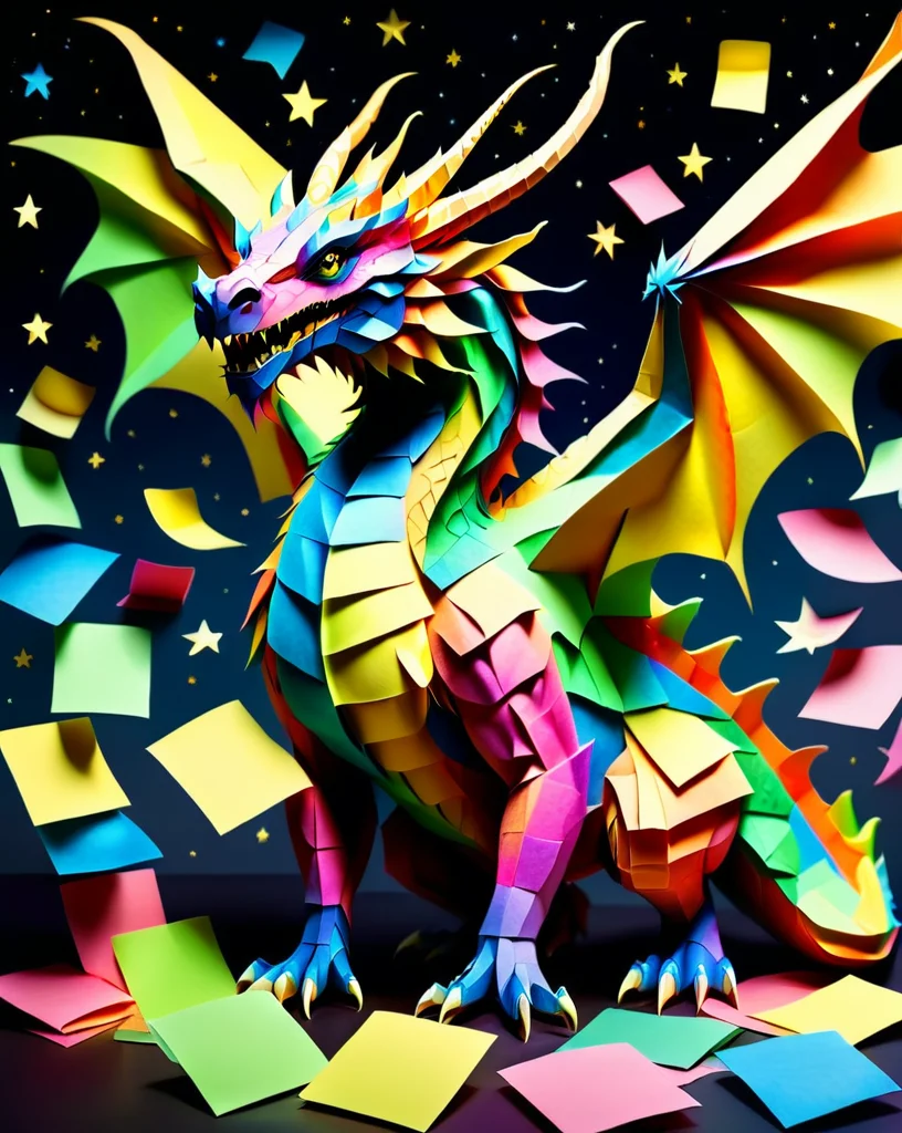 a massive colorful dragon with fine scales made out of Jed-StickyN, dynamic pose, dynamic angle, dark fantasy, epic, intricate details, ultra wide shot, zoomed out, (front view:1.3) with wings spread wide,
<lora:StickyNotesStyle:1>, <lora:add-detail-xl:0.7>, <lora:sd_xl_dpo_lora_v1:1>, <lora:xl_more_art-full_v1:0.3>, set against a background of a starry sky,