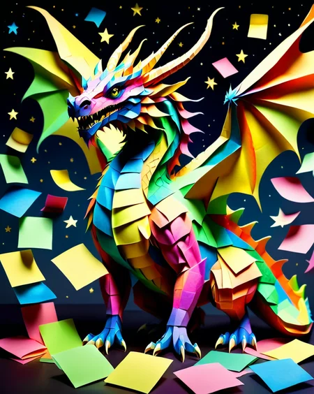 a massive colorful dragon with fine scales made out of Jed-StickyN, dynamic pose, dynamic angle, dark fantasy, epic, intricate details, ultra wide shot, zoomed out, (front view:1.3) with wings spread wide, 
<lora:StickyNotesStyle:1>,  <lora:add-detail-xl:0.7>,  <lora:sd_xl_dpo_lora_v1:1>, <lora:xl_more_art-full_v1:0.3>,  set against a  background of a starry sky,