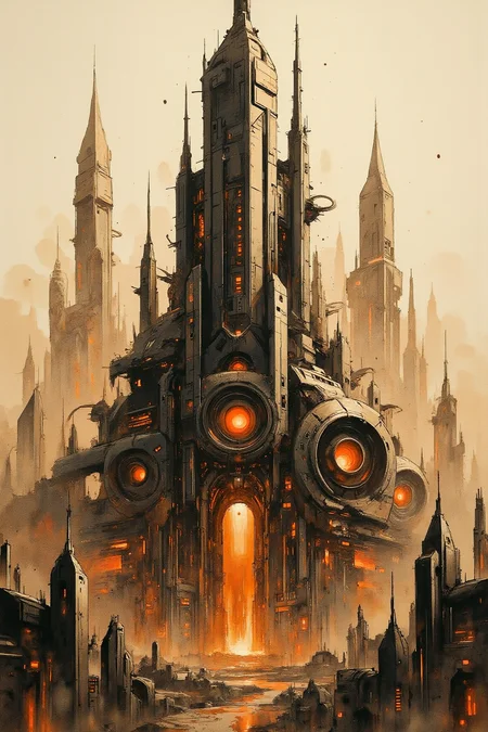 A bold inksplash-meets-watercolor wash artwork, expertly painted on rice paper using rich sepia, burnt henna, and ink-black hues. an advanced sci-fi cityscape, with gleaming towers and skyscrapers, clear sky.