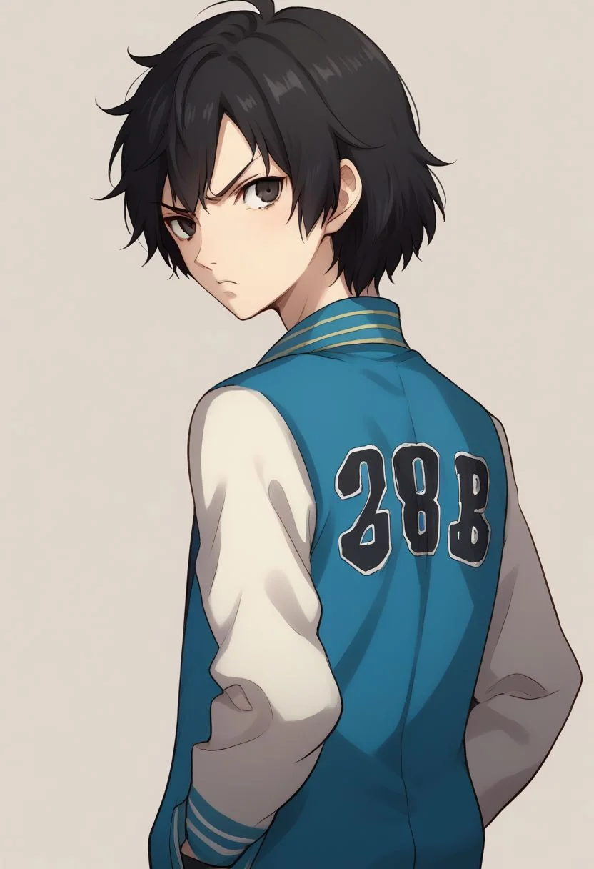 score_9, score_8_up, source_anime, highly detailed, 1boy, solo, skinny,
shinya, 1boy, solo, jacket, black hair, hands in pockets,
black eyes, short hair, upper body, letterman jacket,
looking at viewer, angry, yell,
from back, looking back,