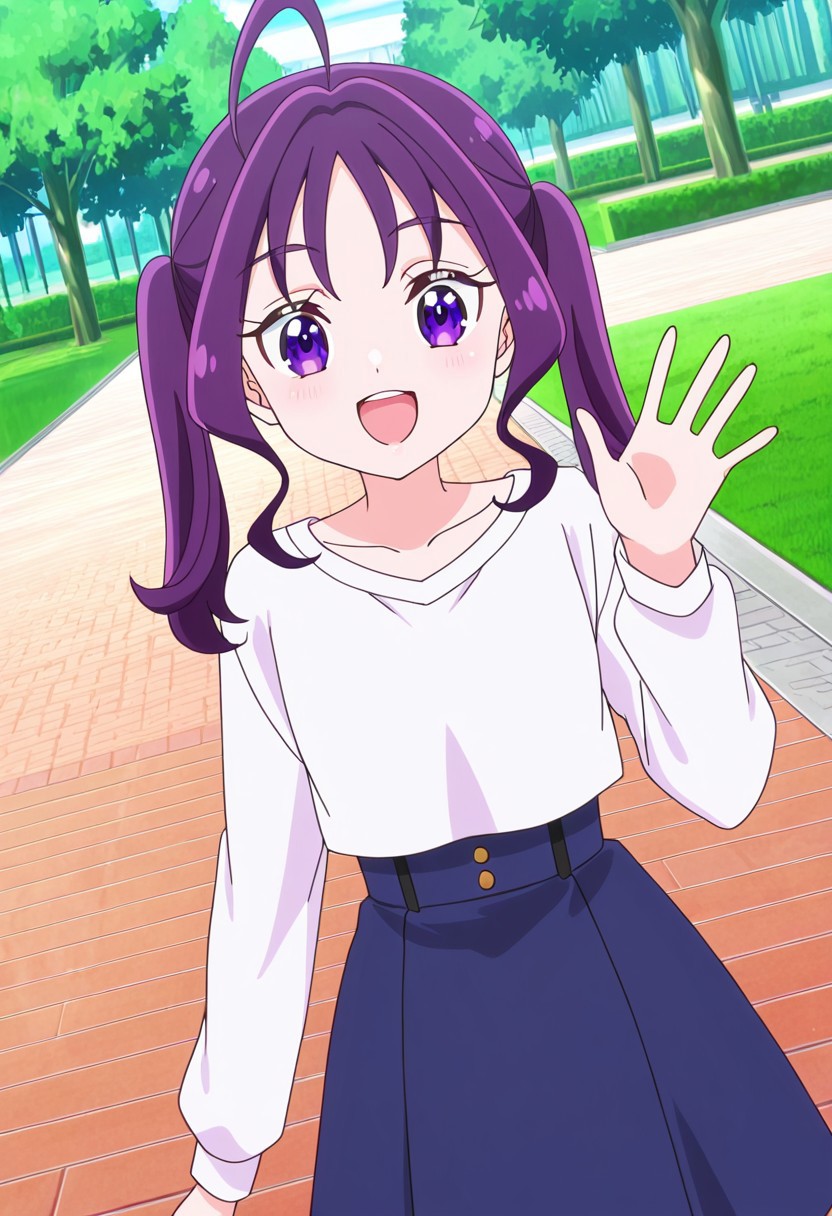 general,highres, ultra-detailed,very aesthetic,best quality ,best hands,best eyes,easynegative,
dynamic anglre, dutch angle, anime cloring,anime screencap,
1girl solo,looking at viewer,park,smile,open mouth,waving hand,
Kokoro Shigure,purple hair,twintails,ahoge,small breasts,short body,purple eyes,shirt,skirt,
