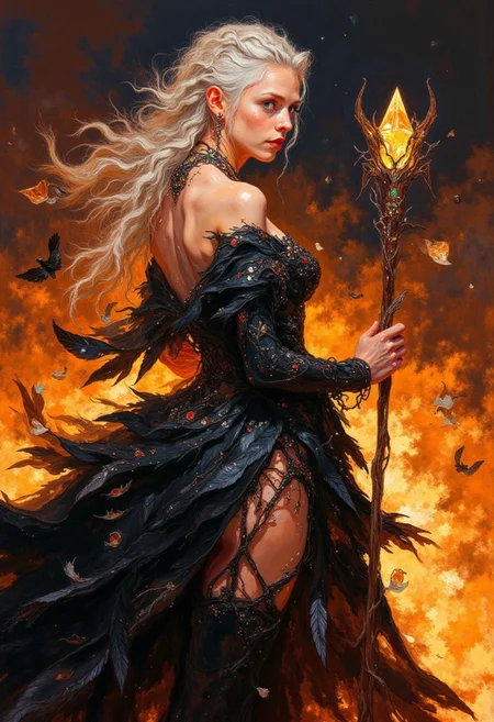 oil painting of
A formidable witch queen with braided silver hair and eyes that blaze with arcane power stands before a towering bonfire. Her dark, elegant gown is adorned with feathers and gemstones, and her staff is crowned with a crystal that pulses with light. Her beauty is both regal and fearsome, commanding the respect and loyalty of all who gaze upon her,
occult lingerie, full view of her booty, big booty, big butt, naughty, looking over her shoulder, seducing with her big butt, sexy ass seductive wide hips, butt cheeks, twerk,
, visible brushstrokes, atmospheric haze, low key, moody lighting,watercolors,DB4RZ, DB4RZ style painting