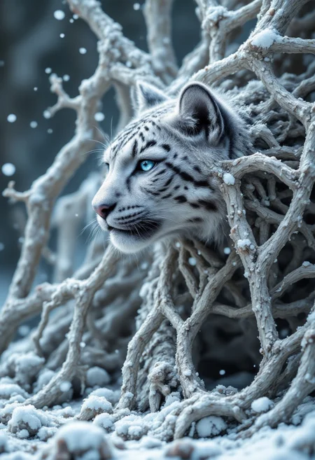 masterpiece, hyperrealism, snow leopard goddess of death and decay, side view, abstract background with geometric winter shapes, various snow flakes, mixing, fractal patterns, winter, compact camera, 800mm lens, detailed, photography, aidmafluxpro1.1. HD32K, hyper detail, best quality. Micro details, facture surface, detail snow and ground