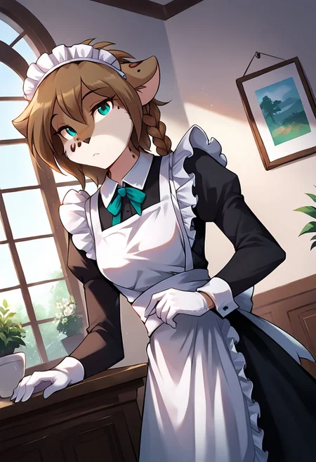 score_9, score_8_up, score_7_up, score_6_up, score_5_up, score_4_up, BREAK source_anime, 1girl, clothed, indoors, potted plant, window, sunlight, looking at viewer, bored look, dutch angle, maid uniform, braid, kathrin-twokinds, keidran, mammal, spotted fur, teal eyes, maid, Madi apron, maid headdress, long sleeves, maid dress, white gloves,