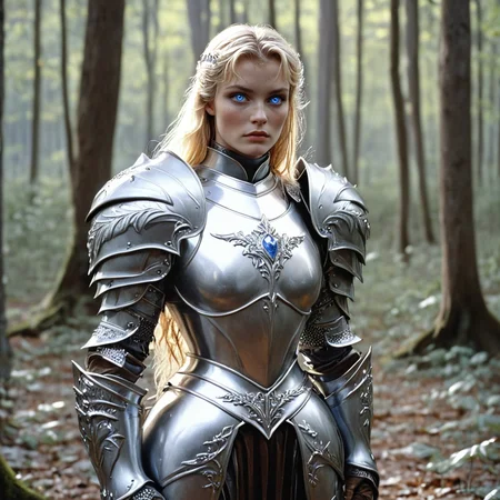 <lora:80sFantasyMovieV3SDXL:1> ArsMovieStill, 80s Fantasy Movie Still, The image shows a woman in a silver armor standing in the woods surrounded by trees and leaves on the ground., 1girl, solo, blonde hair, armor, long hair, blue eyes, shield, shoulder armor, gauntlets, realistic