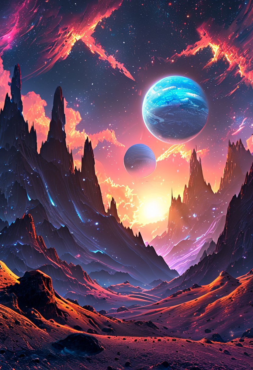 A captivating night scene illustration featuring a bright and inviting futuristic space base on a great  great mountain. The great technologically advanced base and mountain are much like Neuschwanstein Castle in Bavaria. Spaceships fly overhead. This enchanting artwork captures a dark but comforting night, where 2 brilliant moons hang above and over the  great valley  and advanced space fortress which  stands resolute amidst the great mountains, creating a cinematic experience., space_backround, illustration, cinematic
<lora:DonM3t3rn1tyXL-v1.1:0.7>, DonM3t3rn1tyXL,
OverallDetailXL  <lora:MJ52:0.3>  <lora:SDXLFaeTastic2400:0.4>  <lora:EpicF4nta5yXL:0.7>