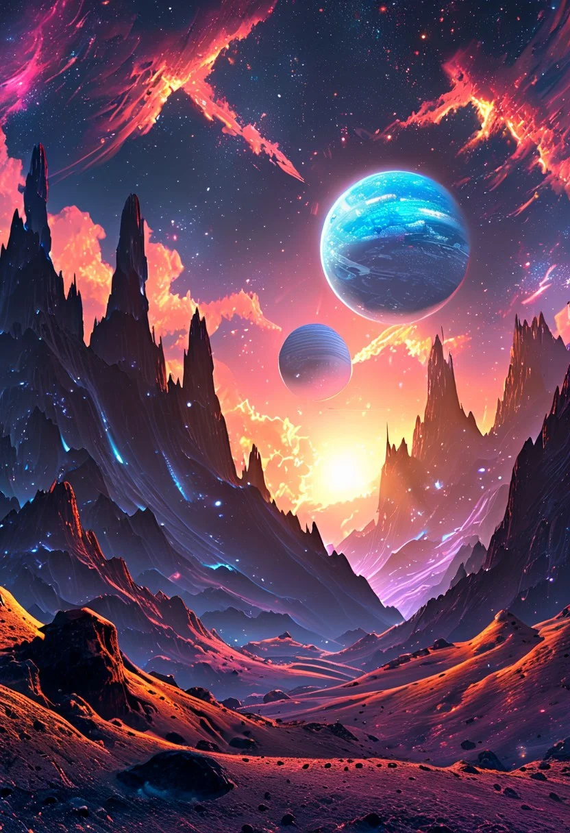 A captivating night scene illustration featuring a bright and inviting futuristic space base on a great great mountain. The great technologically advanced base and mountain are much like Neuschwanstein Castle in Bavaria. Spaceships fly overhead. This enchanting artwork captures a dark but comforting night, where 2 brilliant moons hang above and over the great valley and advanced space fortress which stands resolute amidst the great mountains, creating a cinematic experience., space_backround, illustration, cinematic
<lora:DonM3t3rn1tyXL-v1.1:0.7>, DonM3t3rn1tyXL,
OverallDetailXL <lora:MJ52:0.3> <lora:SDXLFaeTastic2400:0.4> <lora:EpicF4nta5yXL:0.7>