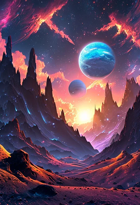 A captivating night scene illustration featuring a bright and inviting futuristic space base on a great  great mountain. The great technologically advanced base and mountain are much like Neuschwanstein Castle in Bavaria. Spaceships fly overhead. This enchanting artwork captures a dark but comforting night, where 2 brilliant moons hang above and over the  great valley  and advanced space fortress which  stands resolute amidst the great mountains, creating a cinematic experience., space_backround, illustration, cinematic
<lora:DonM3t3rn1tyXL-v1.1:0.7>, DonM3t3rn1tyXL,
OverallDetailXL  <lora:MJ52:0.3>  <lora:SDXLFaeTastic2400:0.4>  <lora:EpicF4nta5yXL:0.7>