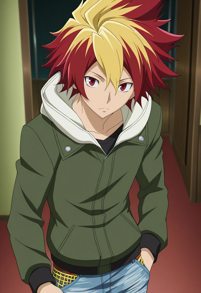 masterpiece, best quality, , anime screencap, anime coloring, official style,, 1boy, solo, male focus, <lora:takuto_tsunashi_ilxl:0.96>, takuto_tsunashi, red hair, red eyes, spiked hair, bangs, multicolored hair, two-tone hair, dyed bangs, blonde hair, , Mesh Denim joggers, Parka, , ,
