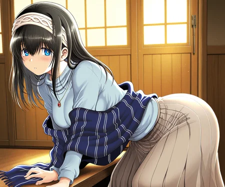 masterpiece, best quality, amazing quality, sfw, 1girl, solo, looking at viewer, <lora:Tsukiyoshi Hiroki style ILL-v2:1> tsukiyoshihiroki , sagisawa fumika, black hair, long hair, blue eyes, hairband, necklace, shawl, blue shawl, blue sweater, skirt, long skirt,