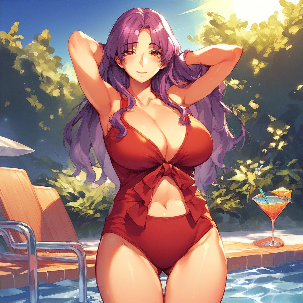 score_9, score_8_up, score_7_up, source_anime BREAK cowboy shot, hetero, outdoors, water, water slides, pool, sun lounger, blue sky, 1girl, solo, female focus, mature female, curvy, long hair, purple hair, parted bangs, sidelocks, red eyes, looking at viewer, blush, smile, breasts, cleavage, collarbone, navel, neckless, standing, arms up, hands behind head, armpits, thigh gap, gluteal folds, alcohol, cocktail, rating_questionable