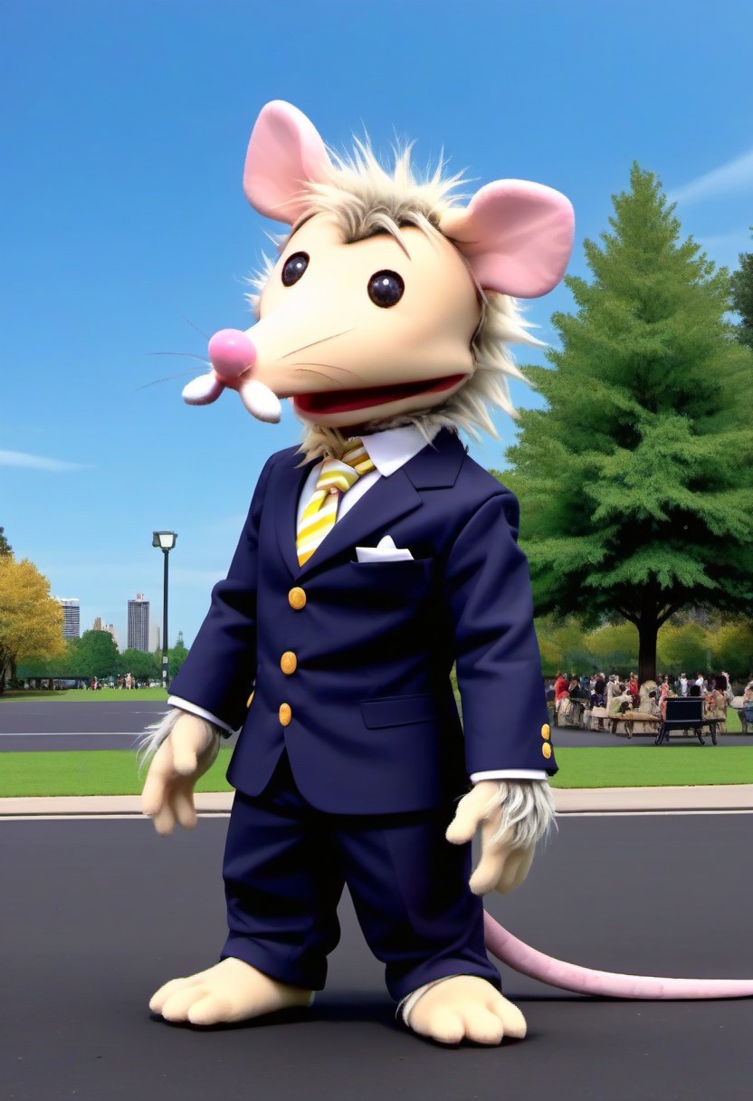 masterpiece,best quality,amazing quality, mature, clean lines, subtle lighting, bold outlines, cel shading, very aesthetic, absurdres, newest, 
1girl, medium shot, closeup, drawing, flat colors, chibi ratamx, anthropomorphic, solo, pink nose, side view, loose office suit, loose pants, pointy nose, open mouth, mouse tail, furry, disheveled, long legs, thick outlines,
standing, (blue sky, park background:1.5)