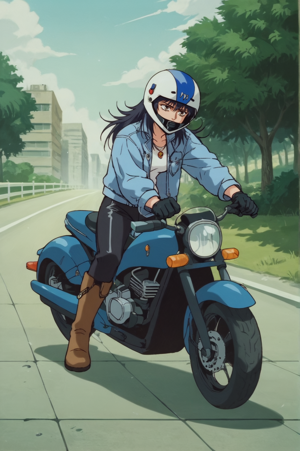 score_9, score_8_up, score_7_up,anime_source, source_anime, best background, detailed background, anime screencap,  Mikawa, black gloves, jacket, boots, outdoors, solo, motor vehicle, motorcycle, motorcycle helmet, riding, <lora:JN_Angel_Mikawa:0.8>