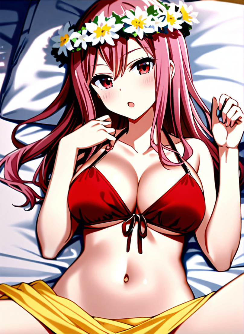 character: Mizuki (ç¾æ), 1girl, solo, lying on bed,spread legs, long hair, pink hair, large breasts, flower, red eyes, white head wreath, :o, yellow sarong, cleavage, navel, collarbone, red bikini, front-tie bikini top,<lora:Mizuki (ç¾æ) v5 (æ­£ååå¾ç¿»è½¬)-000015:1>