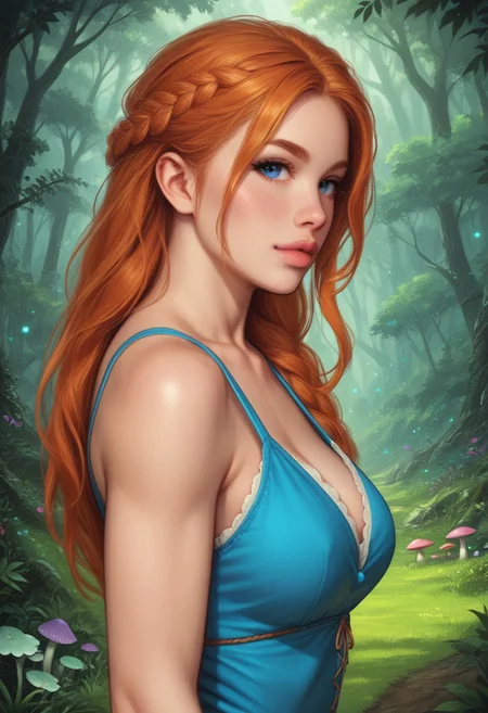 Beauty female shaped woman with intricate details, fit body, cute girl, blue eyes, ginger hair, beautiful princess, thick thighs, petite body, perky breasts, cute face, floral sundress, sandals, long hair, ((ultra detailed beauty faces)), full body, action pose, big brightness blue eyes, with big dagger in hands
Background: A whimsical landscape filled with giant, vibrant mushrooms in various colors. Towering red, blue, and purple mushrooms cast playful shadows. Lush, green moss carpets the ground, dotted with tiny, glowing fairy lights. A sparkling stream winds through the scene, reflecting the colorful mushrooms. In the distance, a mystical forest with twisted, ancient trees adds depth. The air is filled with the scent of earth and the soft hum of magical creatures.
score_7_up, rating_explicit, Expressive, (upper body:1.8), dynamic pose. ((side view))
(((full-clothed))),
<lora:add-detail-xl:1>
<lora:Dynamic Poses:1>