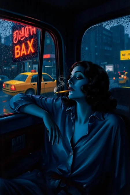 rolfarmstrong1 illustration. silmas.
A woman in a rumpled silk blouse lounges in a rain-streaked taxi, her reflection fractured in the window like a cubist portrait. Chiaroscuro meets noir cinema: indigo shadows pool in the cab's corners, while neon signage outside bleeds crimson and sulfur-yellow through droplets. Smoke from her cigarillo curls into the humid air, textured like raw silk, its amber ember echoing distant brake lights. A smudged lipstick stain marks the filter; Background is a a mosaic of blurred office windows. <lora:rolfarmstrong1_cap_d8a4:1.0><lora:862567029025074541:0>