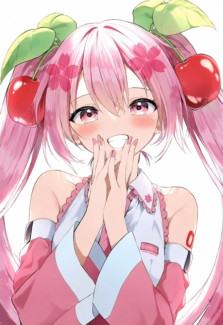 <lora:penta1_noob1.1-000139:0.9>,
1girl, solo, hatsune miku, pink hair, cherry hair ornament, sakura miku, smile, food-themed hair ornament, twintails, long hair, shirt, looking at viewer, detached sleeves, hair ornament, pink necktie, pink nails, grin, white shirt, blush, necktie, white background, bare shoulders, upper body, pink eyes, sleeveless, sleeveless shirt, pink sleeves, very long hair, collared shirt, hair between eyes, nail polish, simple background, wide sleeves,
masterpiece,best quality,newest,absurdres,highres,very awa,