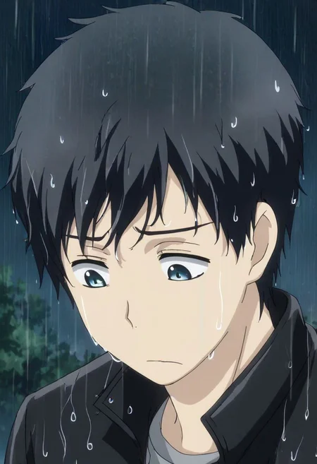 high resolution, solo, best quality, 1Boy, Arata Kaizaki, Black Hair, Blue Eyes, heavy rain, night, looking down, sad, leather jacket, looking away, wet, wet hair, OverallDetail