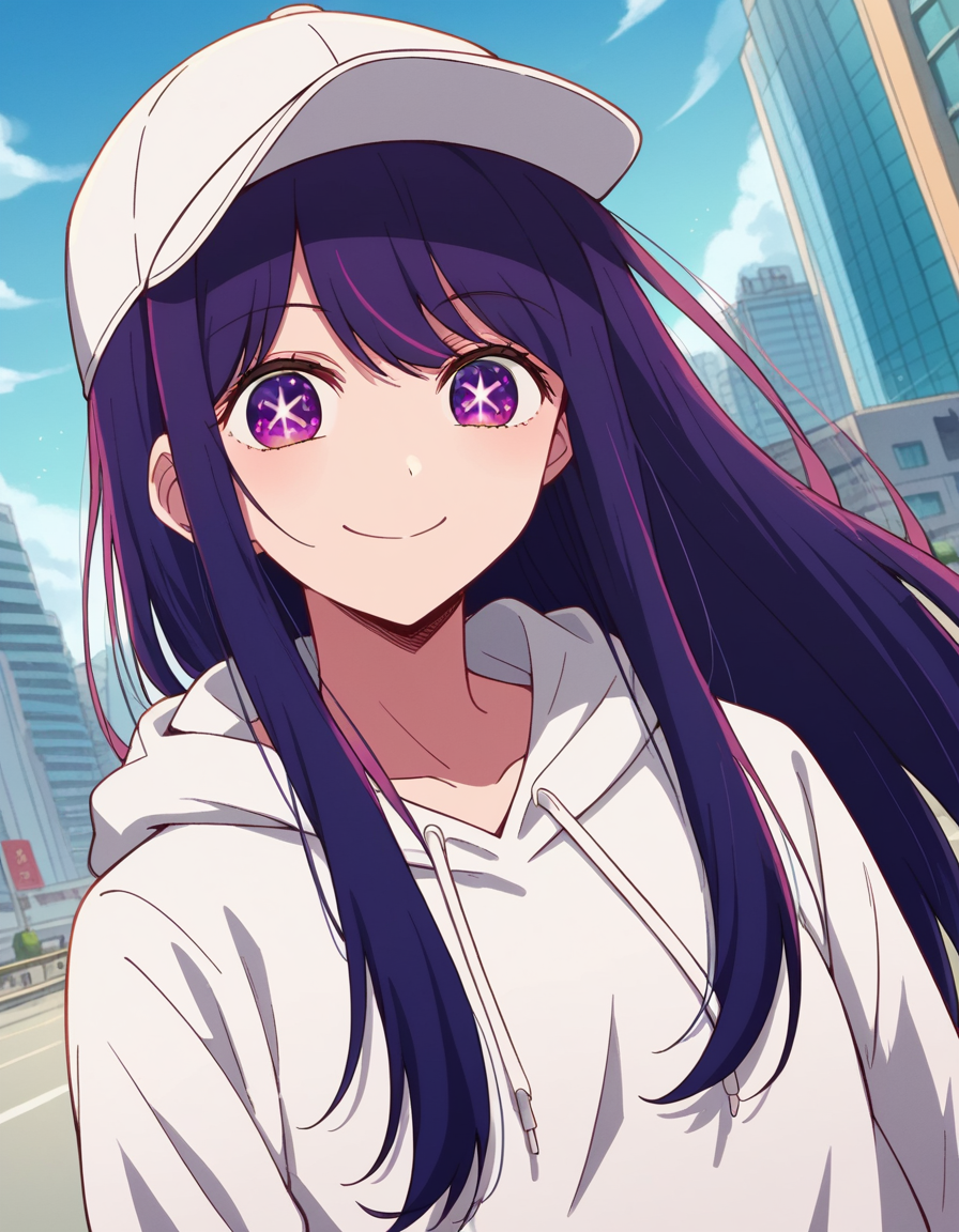score_9, score_8_up, score_7_up, source_anime,
aihoshino, <lora:ai-hoshino-s1-ponyxl-lora-nochekaiser:1>,
ai hoshino, long hair, bangs, purple eyes, purple hair, symbol-shaped pupils,
hood, hoodie, hood down, long sleeves, white hoodie, hat, baseball cap,
cityscape, street, smile,
looking at viewer, cowboy shot, dutch angle, solo,
