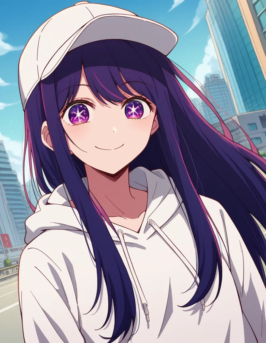 score_9, score_8_up, score_7_up, source_anime,
aihoshino, <lora:ai-hoshino-s1-ponyxl-lora-nochekaiser:1>,
ai hoshino, long hair, bangs, purple eyes, purple hair, symbol-shaped pupils,
hood, hoodie, hood down, long sleeves, white hoodie, hat, baseball cap,
cityscape, street, smile,
looking at viewer, cowboy shot, dutch angle, solo,