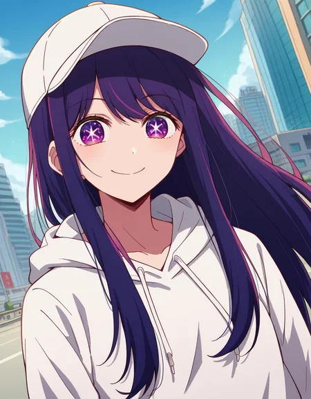 score_9, score_8_up, score_7_up, source_anime,
aihoshino, <lora:ai-hoshino-s1-ponyxl-lora-nochekaiser:1>,
ai hoshino, long hair, bangs, purple eyes, purple hair, symbol-shaped pupils,
hood, hoodie, hood down, long sleeves, white hoodie, hat, baseball cap,
cityscape, street, smile,
looking at viewer, cowboy shot, dutch angle, solo,