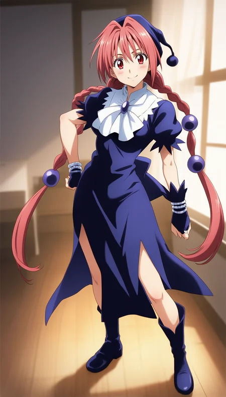 core_9,score_8_up,score_7_up,
<lora:dorothy>,doroshii,1girl,solo,
pale skin,red eyes,
long pink hair,bangs,two braided pigtails,black scrunchie,
dark purple jewels in braided pigtails,black cap with ball on end,
black knee-length dress,dress with slit on left side up to hip,tight clothes,shows breast shape,
large bow on lower back,short puffed sleeves,white collar,mail coach tie,dark purple jewel on tie,
looking at viewer,smile,blush,
indoors,bedroom,french window,soft clouds drifting,summer,
vignetting,blurry background,
facing viewer,front view,
black boots,
full body,standing,pointy_footwear,