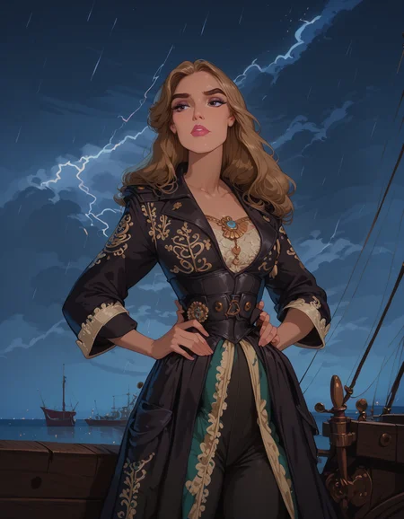 <lora:Disney_Style:.9> <lora:princess_xl_v2:.75> <lora:add-detail-xl:.9> <lora:g0th1cPXL:.3> <lora:Cherry-Gig:.45> <lora:Expressive_H:1> <lora:PLASTT_PonyV6:1> <lora:Elizabeth_Swann_ZairaSass_v1:1> score_9, score_8_up, score_7_up, zPDXL, DisneyRenstyle, score_9,score_8_up,score_7_up,score_6_up,
(stormy ocean background, rain, storm, lightning, night, on pirate ship, ambient light), (standing, full body, dynamic pose, low angle),
1girl, solo, sexy 18 year old, British girl, (Elizabeth Swann, Pirate King), perfect face, beautiful face, defined cheekbones, defined jawline, light brown hair, thick hair, thick dark eyebrows, dark brown eyes, dark lashes, thin lips,
confident expression, narrow eyes, hands on hips, perfect hands, 5 fingers, slender waist, tall, slender, accurate proportions, correct anatomy,
black coat with decorative golden symbols, black leather underbust corset, black trousers, black boots, legs apart,