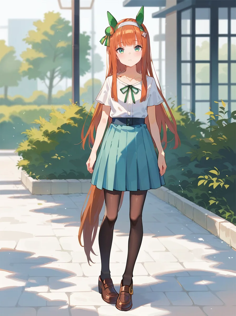 score_9, score_8_up, score_7_up, rating_safe, masterpiece, best quality, absurdres, unity 8k wallpaper, official art, official style, source_anime,
silence suzuka \(umamusume\), 1girl, horse ears, horse tail, green ear covers, black pantyhose, looking at viewer, standing, brown loafers,
short sleeves, hime cut, closed mouth, collarbone, light blue pleated skirt, white blouse, green neck ribbon, white hairband, casual, blurry background, blurry, blush, shirt tucked in, cowboy shot
<lora:pony_silence_suzuka_v1.01:0.9>