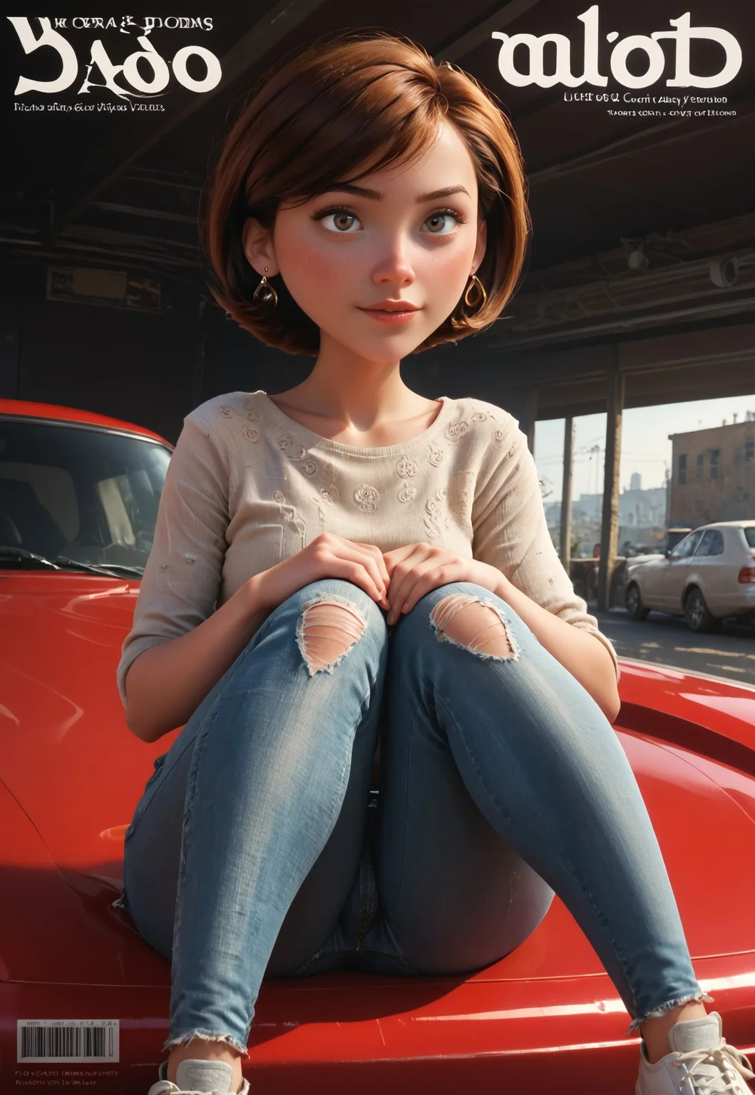 safe_pos, safe_pos, score_7.5, score_7, score_6, score_5, score_4, score_3, score_2.5 up,dynamic lighting, cinematic effects,centered composition, ultra-detailed textures, intricate lighting, 8K resolution, hyper-detailed textures, photorealistic lighting,
(1 girl, solo), 3d, kind face, short girl, full body, fit in frame,
,helen,pa, ginger hair, brown eyes
,ruanyi0966,torn jeans,white shirt,black pantyhose, white sneakers, golden earrings,
<lora:magazine-cover-ponyxl-lora-nochekaiser:1>, magazine cover, fake magazine cover, cover, fake cover, price, cover page, text focus, barcode, content rating, dated
,dynamic sexy sitting on car's skirt pose,Post-apocalyptic gas station,