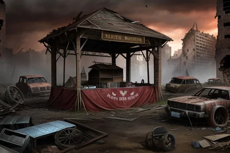 realistic, hyper-realistic, ultra detailed, 8k, photo,
Wasteland city ruins, Collapsed modern city to ruins, red dust in every corner, very low vegetation, Collapsed city, one dark skyscraper in distance, small round marketplace with few primitive tents at and in the ruins,
Dark sky, cloudy sky, market stalls and market huts made from scrap and the ruins,