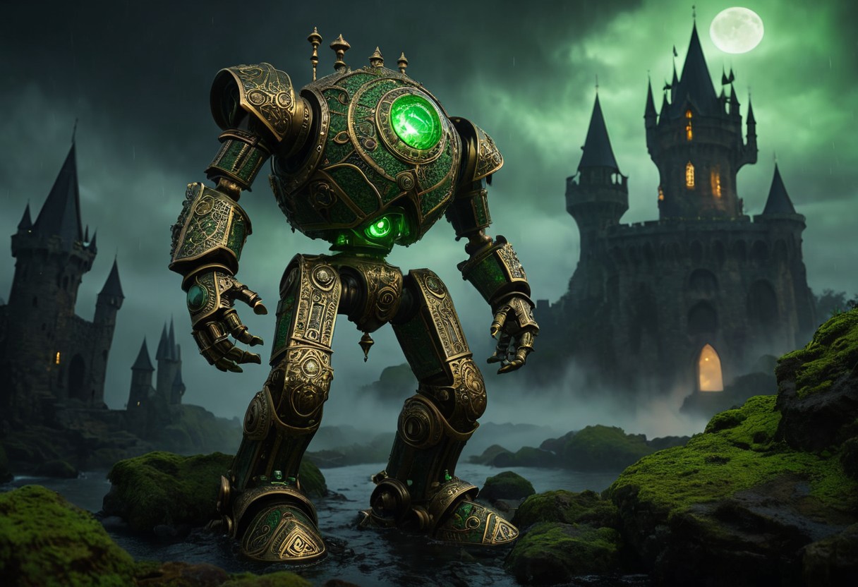 giant bipedal robot brass and pastel green striped paint, bronze paisley robot. lacy robot metal. glass mosaic helmet torso head. outside of a steampunk keep. large detailed torso. dark image. one forty foot tall ancient robot with great arms and two heavy spring legs. dark foggy night background. $dark foggy night image only. dark photo realistic image. steampunk details. cogs, chains and pipes incorporated in the fantasy buildings. magic wizards tower in background. Dark swamp, moss, castle ruins, wizards tower. stormy dark night. stormy sky. rain