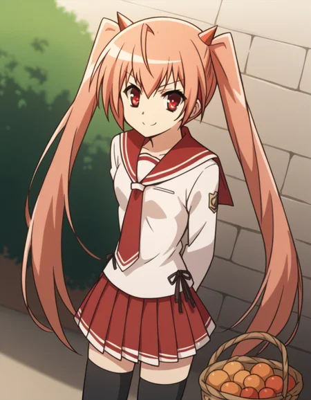 score_9, score_8_up, score_7_up, source_anime, <lora:aria-holmes-kanzaki-s1-ponyxl-lora-nochekaiser:1>, aria holmes kanzaki, long hair, red eyes, twintails, pink hair,, skirt, thighhighs, school uniform, serafuku, zettai ryouiki, white shirt, long sleeves, red sailor collar, necktie, red necktie, red skirt, pleated skirt,, farmers market, fresh produce, local vendors, baskets, sunny day, community, smile, hands behind back, bent over,, looking at viewer, solo,, dutch angle, cowboy shot