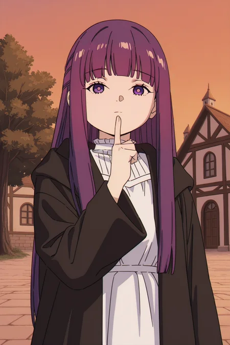<lora:FrierenStyle:1>, FrierenStyle, 1girl, solo, purple eyes, purple hair, long hair, outdoors, blunt bangs, tree, closed mouth, straight hair, sky, looking at viewer, building, finger to mouth, dress, black coat, long sleeves, bright pupils, coat, white dress, orange sky, black robe