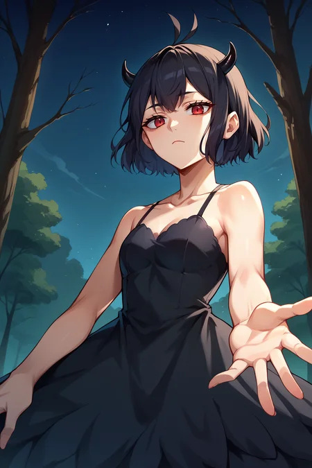 score_9, score_8_up, score_7_up, score_6_up, source_anime, BREAK 1girl, <lora:secre-pdxl-nvwls-v1-000006:1> secre, horns, black hair, bare shoulders, strapless, black dress, looking at you, expressionless, night, upper body, forest <lora:Beckoning_XLPD:1> beckoning, reaching towards viewer, from below