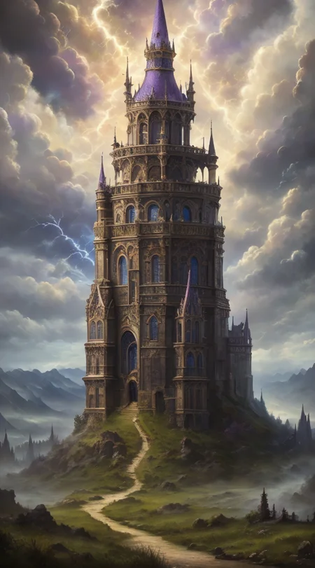 Masterwork Painting, Magnum Opus, 
HDR photo of 
Dreamscape, 
ethereal fantasy concept art of  
 <lora:Wizard_Tower-10:0.75> witow, castle, cloud, cloudy sky, grass, no humans, scenery, sky, tower, tree, 
 <lora:locon_conceptlightning_v1_from_v1_64_32:1> lghtnngprsn, lightning, storm,
. magnificent, celestial, ethereal, painterly, epic, majestic, magical, fantasy art, cover art, dreamy,
. Surreal, ethereal, dreamy, mysterious, fantasy, highly detailed,
. High dynamic range, vivid, rich details, clear shadows and highlights, realistic, intense, enhanced contrast, highly detailed,
  highres, 8k, uhd, High Dynamic Range, tonemapping, crisp details,  intricate details, fine details