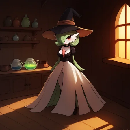 score_9, score_8_up, score_7_up, score_6_up, score_5_up, score_4_up, cartoon style, rating_explicit, luminekoStyle,cartoony style, 1 girl, gardevoir, green_hair, green_skin, hair_over_one_eye, full body, witch clothes, , cottage, cauldron