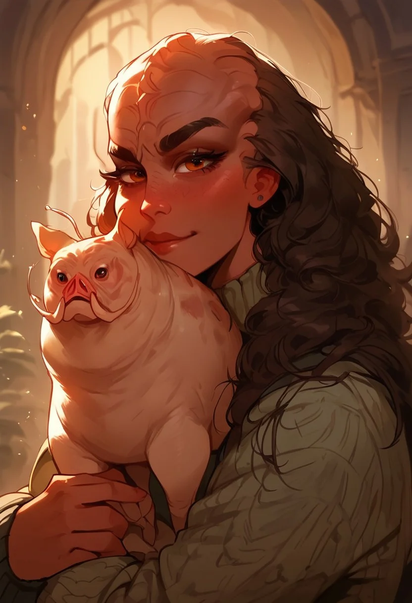 score_9, score_8_up, score_7_up, score_6_up, p3tl0v3, 1girl, kling0n alien female, dark brown skin, large forehead ridges, large eyebrows, hugging an adorable alien warthog creature,