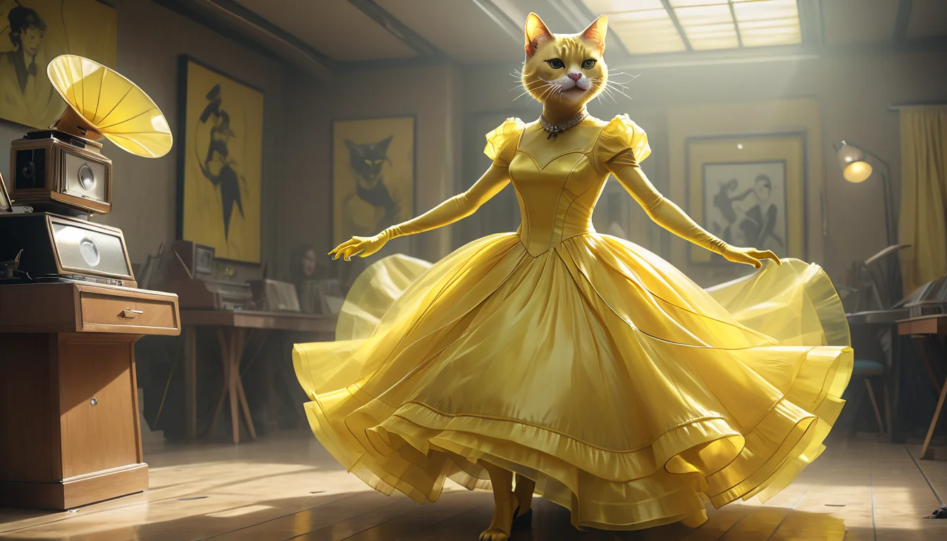 positiv Clip L:
 an award-winning, comic image, of a cat in a yellow organza dress dancing, by artgerm, by wlop, by greg rutkowski, octane render, lineart, pop art 
positiv Clip G:
 an award-winning, comic image, of a cat in a yellow organza dress dancing, by artgerm, by wlop, by greg rutkowski, octane render, lineart, pop art