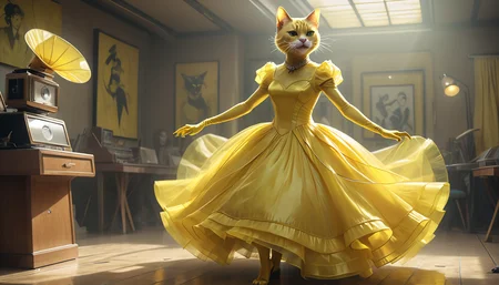 positiv Clip L:
an award-winning, comic image, of a cat in a yellow organza dress dancing, by artgerm, by wlop, by greg rutkowski, octane render, lineart, pop art
positiv Clip G:
an award-winning, comic image, of a cat in a yellow organza dress dancing, by artgerm, by wlop, by greg rutkowski, octane render, lineart, pop art