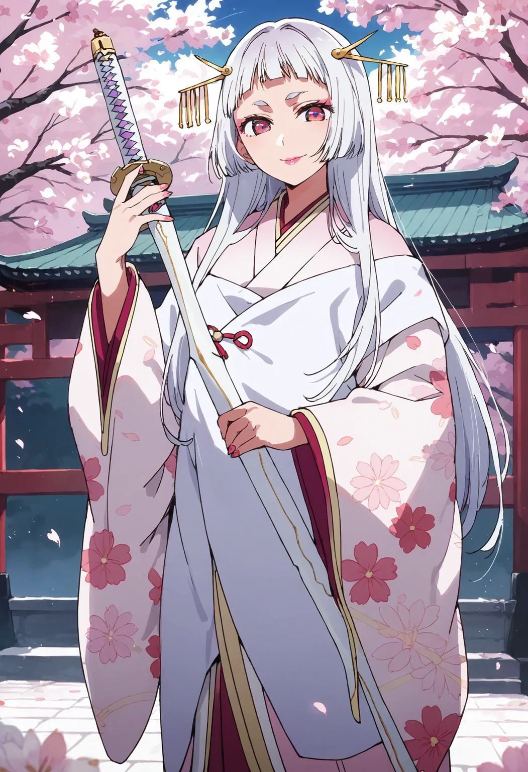 score_9, score_8_up, score_7_up, , score_ANIME,sayahime, 1girl, solo,, , print kimono, very long hair, looking at viewer, hime cut, pink lips, eyeshadow, closed mouth,, floral print, hair ornament, purple eyes, wide sleeves, white hair, standing, short eyebrows, blunt bangs <lora:kurokawaakane_pony2:0.8> cowboy shot,smile, (cherry blossoms:1.5), petal, holding weapon, holding sword, katana, outdoors, night sky,