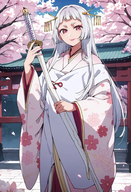 score_9, score_8_up, score_7_up, , score_ANIME,sayahime, 1girl, solo,, , print kimono, very long hair, looking at viewer, hime cut, pink lips, eyeshadow, closed mouth,, floral print, hair ornament, purple eyes, wide sleeves, white hair, standing, short eyebrows, blunt bangs <lora:kurokawaakane_pony2:0.8> cowboy shot,smile, (cherry blossoms:1.5), petal, holding weapon, holding sword, katana, outdoors, night sky,