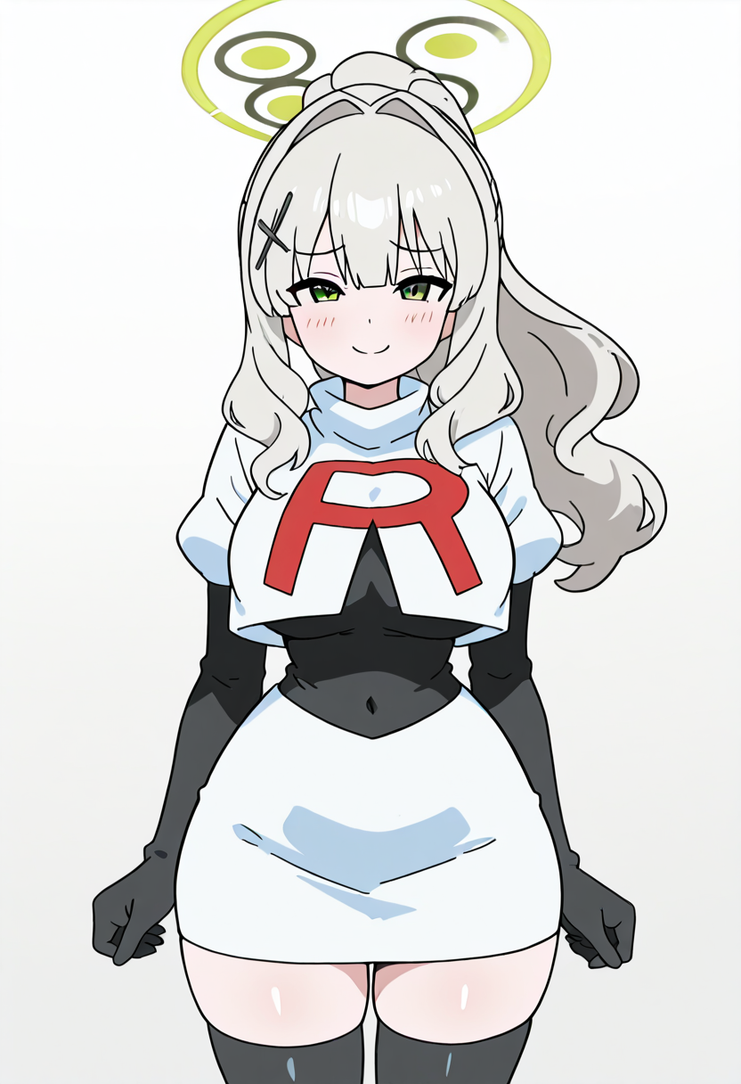 masterpiece, best quality, solo, curvy, beautiful eyes, narrow waist, wide hips, 1girl, solo, smile, looking at viewer,   zzHare, green eyes, grey hair, long hair, ponytail, x hair ornament, hair between eyes, green halo, hair intakes,   <lora:OmagariHareBlueArchive_IXL_v1:1.0>, , smile, looking at viewer, cowboy shot,  large breasts, smug, Cosplay_TeamRocket, team rocket uniform, white jacket, cropped jacket, white skirt, elbow gloves, black thighhighs, zettai ryouiki, <lora:CosplayTeamRocketIXL:1.0>,