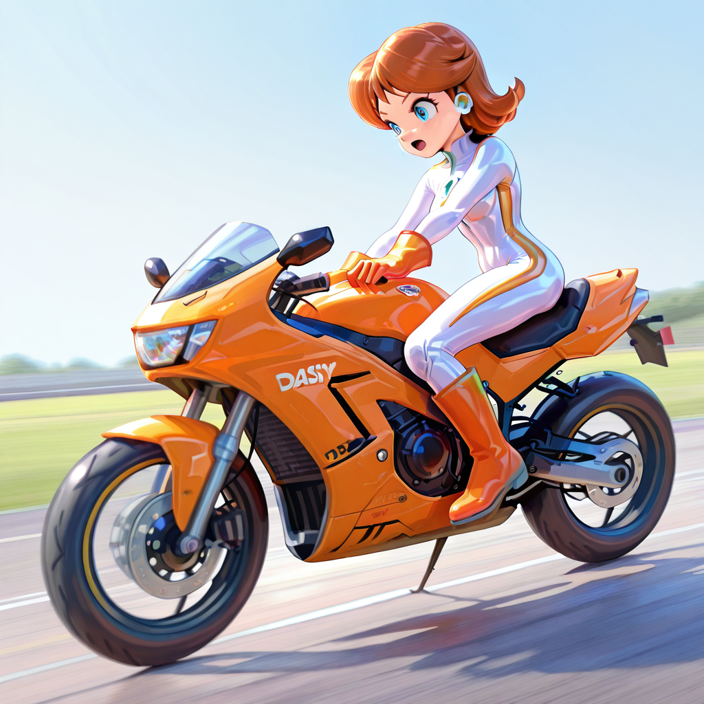 1girl, daisymkwbiker <lora:Daisy MKW Adventure Outfits Illustrious V2:1>, white body suit, orange gloves, orange boots, riding motorcycle