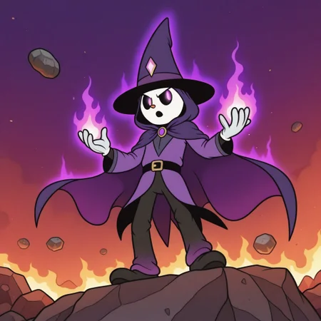 masterpiece, absurdres, newest, human, male, mage, cape, magic glowing, battle pose, burning background, asteroid in sky, casting asteroid, purple clothes, purple aura, purple glowing eyes, purple glowing aura, below view, hood on head, falling asteroid, solo, magician, asteroid falling at viewier, RetroXL,,, toon \(style\), flat color, black eyes,,