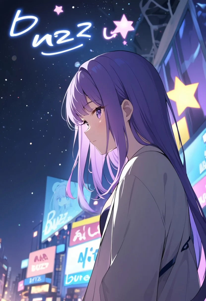 buzz, sign, sign on sky, a sign with text "Buzz!", purple hair, majestic girl, nighttime, sky, stars, dynamic lighting