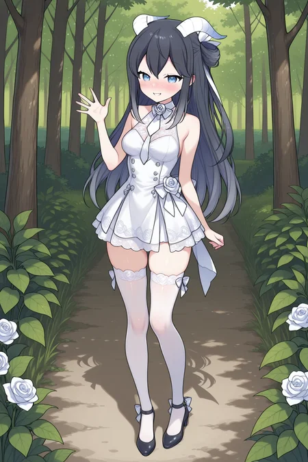 masterpiece,best quality,amazing quality, CesarPinessVTILXL, blue eyes, black hair, long hair, hair between eyes, white horns, white ribbon, ribbon hair, medium breasts, white rose, white necktie, white dress, sleeveless, white skirt, white thighhighs, black footwear, solo, full body, standing, waving, seductive smile, looking at viewer, naughty face, nose blush, forest, tree   <lora:CesarPinessVTILXL:1>