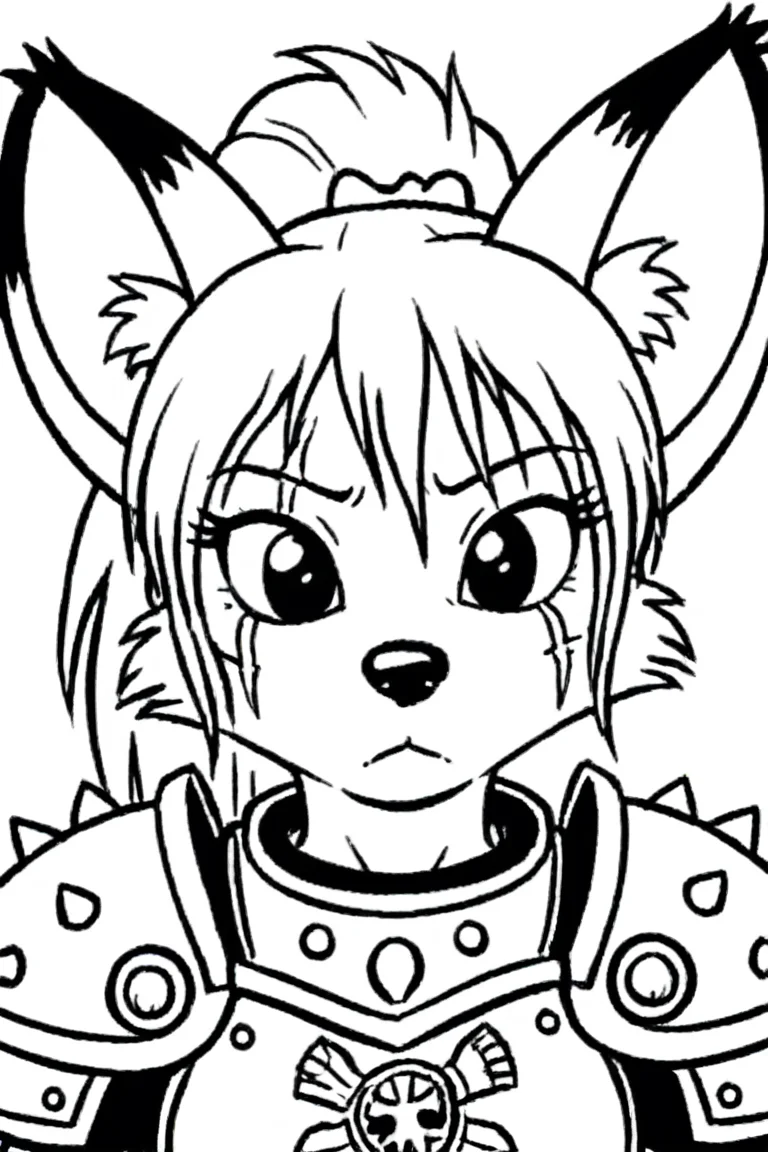 warhammer armor, face scar,
1girl, solo, dwarf, fox, black eyes, spiked tuft, hair tuft, ponytail, big hair, pointy nose, black nose, black paws, black and white, white background,
<lora:Millie_from_Ozy_and_Millie_90_style:0.9>
