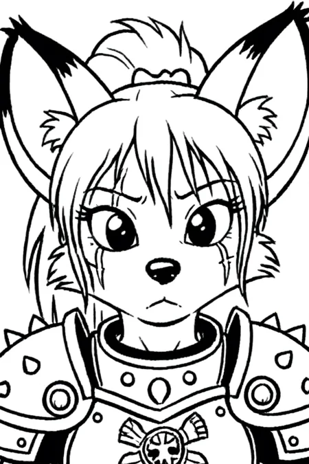 warhammer armor, face scar,
1girl, solo, dwarf, fox, black eyes, spiked tuft, hair tuft, ponytail, big hair, pointy nose, black nose, black paws, black and white, white background,
<lora:Millie_from_Ozy_and_Millie_90_style:0.9>